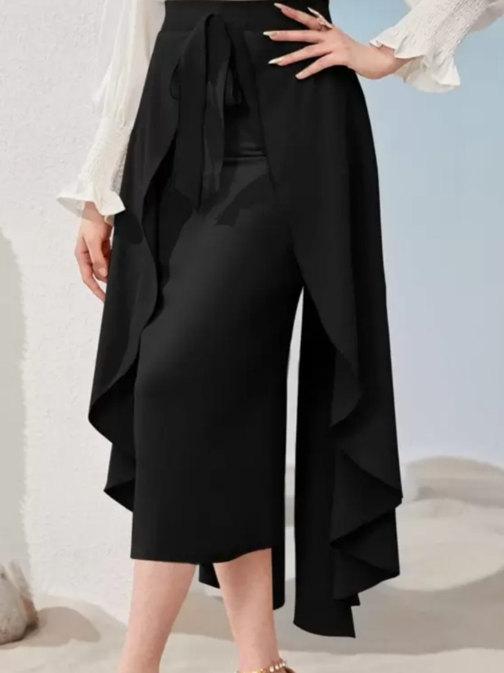 Black Modelyn Solid Knot Midi Pencil Skirt S/4 Split Sides Tie Waist Event Chic